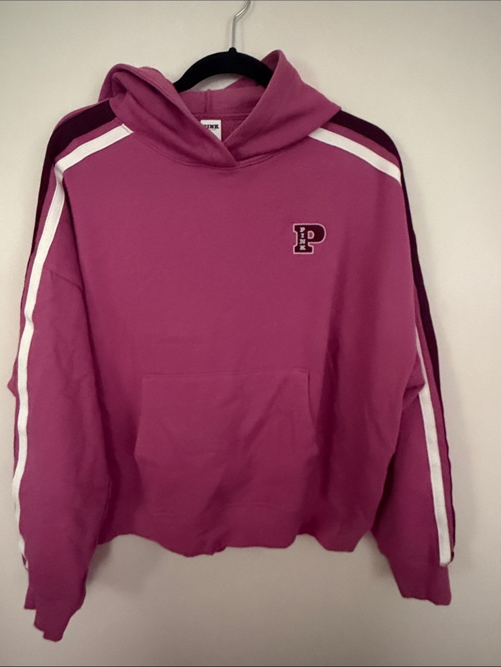 PINK Victoria's Secret Magenta Hooded Sweatshirt with White & Dark Pink Stripes